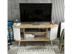 Armário de suporte de TV Desteve, Aparador de sala, Armário de TV baixo, Base de parede equipada, 140x43h64 cm, Carvalho e Branco