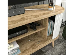 Armário de suporte de TV Desteve, Aparador de sala, Armário de TV baixo, Base de parede equipada, 140x43h64 cm, Carvalho e Branco
