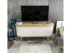 Armário de suporte de TV Desteve, Aparador de sala, Armário de TV baixo, Base de parede equipada, 140x43h64 cm, Carvalho e Branco