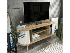 Armário de suporte de TV Desteve, Aparador de sala, Armário de TV baixo, Base de parede equipada, 140x43h64 cm, Carvalho e Branco