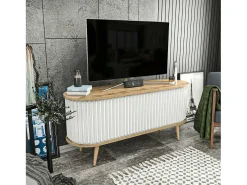 Armário de suporte de TV Desteve, Aparador de sala, Armário de TV baixo, Base de parede equipada, 140x43h64 cm, Carvalho e Branco