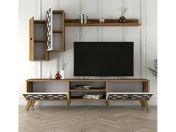 Armário de suporte de TV Dpinzaut, Aparador de sala, Armário de TV baixo, Base de parede equipada, 180x35h44 cm, Noz e Branco