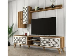 Armário de suporte de TV Dpinzaut, Aparador de sala, Armário de TV baixo, Base de parede equipada, 180x35h44 cm, Noz e Branco