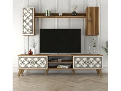 Armário de suporte de TV Dpinzaut, Aparador de sala, Armário de TV baixo, Base de parede equipada, 180x35h44 cm, Noz e Branco