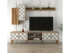 Armário de suporte de TV Dpinzaut, Aparador de sala, Armário de TV baixo, Base de parede equipada, 180x35h44 cm, Noz e Branco