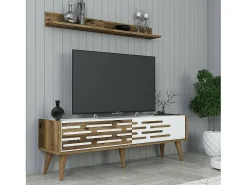 Armário de suporte de TV Daanesta, Aparador de sala, Armário de TV baixo, Base de parede equipada, 140x45h35 cm, Nogueira e Branco