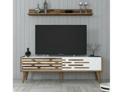 Armário de suporte de TV Daanesta, Aparador de sala, Armário de TV baixo, Base de parede equipada, 140x45h35 cm, Nogueira e Branco