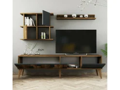 Armário de suporte de TV Docchiut, Aparador de sala, Armário de TV baixo, Base de parede equipada, 180x34h49 cm, Nogueira e Antracite