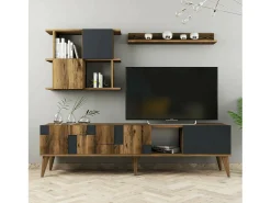 Armário de suporte de TV Docchiut, Aparador de sala, Armário de TV baixo, Base de parede equipada, 180x34h49 cm, Nogueira e Antracite