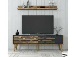 Armário de suporte de TV Daanesta, Aparador de sala, Armário baixo peR TV, Base de parede equipada, 140x45h35 cm, Nogueira e Antracite
