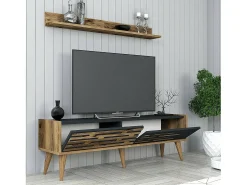 Armário de suporte de TV Daanesta, Aparador de sala, Armário baixo peR TV, Base de parede equipada, 140x45h35 cm, Nogueira e Antracite