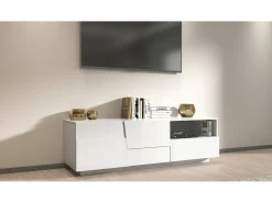 Armário de suporte de TV Dcoulibal, Aparador baixo para sala de estar com 2 portas e 1 gaveta, Base de suporte de TV, 150x44h46 cm, Branco brilhante