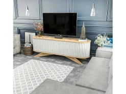 Armário de suporte de TV Desteve, Aparador de sala, Armário de TV baixo, Base de parede equipada, 180x43h60 cm, Carvalho e Branco