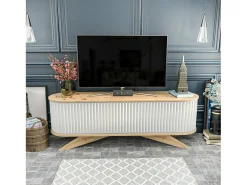Armário de suporte de TV Desteve, Aparador de sala, Armário de TV baixo, Base de parede equipada, 180x43h60 cm, Carvalho e Branco