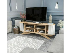 Armário de suporte de TV Desteve, Aparador de sala, Armário de TV baixo, Base de parede equipada, 180x43h60 cm, Carvalho e Branco