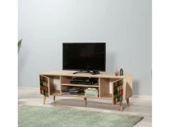 Armário de suporte de TV Dfantacc, Aparador de sala, Armário de TV baixo, Base de parede equipada, 140x40h50 cm, Carvalho e Multicolor