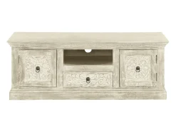 Armário de TV barroco com 2 portas de vidro em MDF cinzento