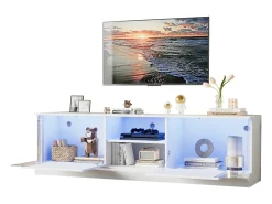 Armário de TV, branco brilhante, com iluminação LED, para até 70 polegadas, de pé no chão