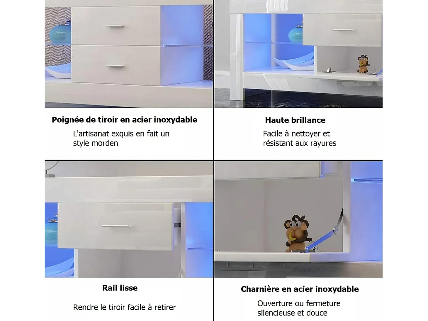 Armário de TV branco brilhante com LED brilhante, bancada de TV moderna, prateleira de vidro, 2 gavetas, móveis de sala de estar, 130x35x50cm