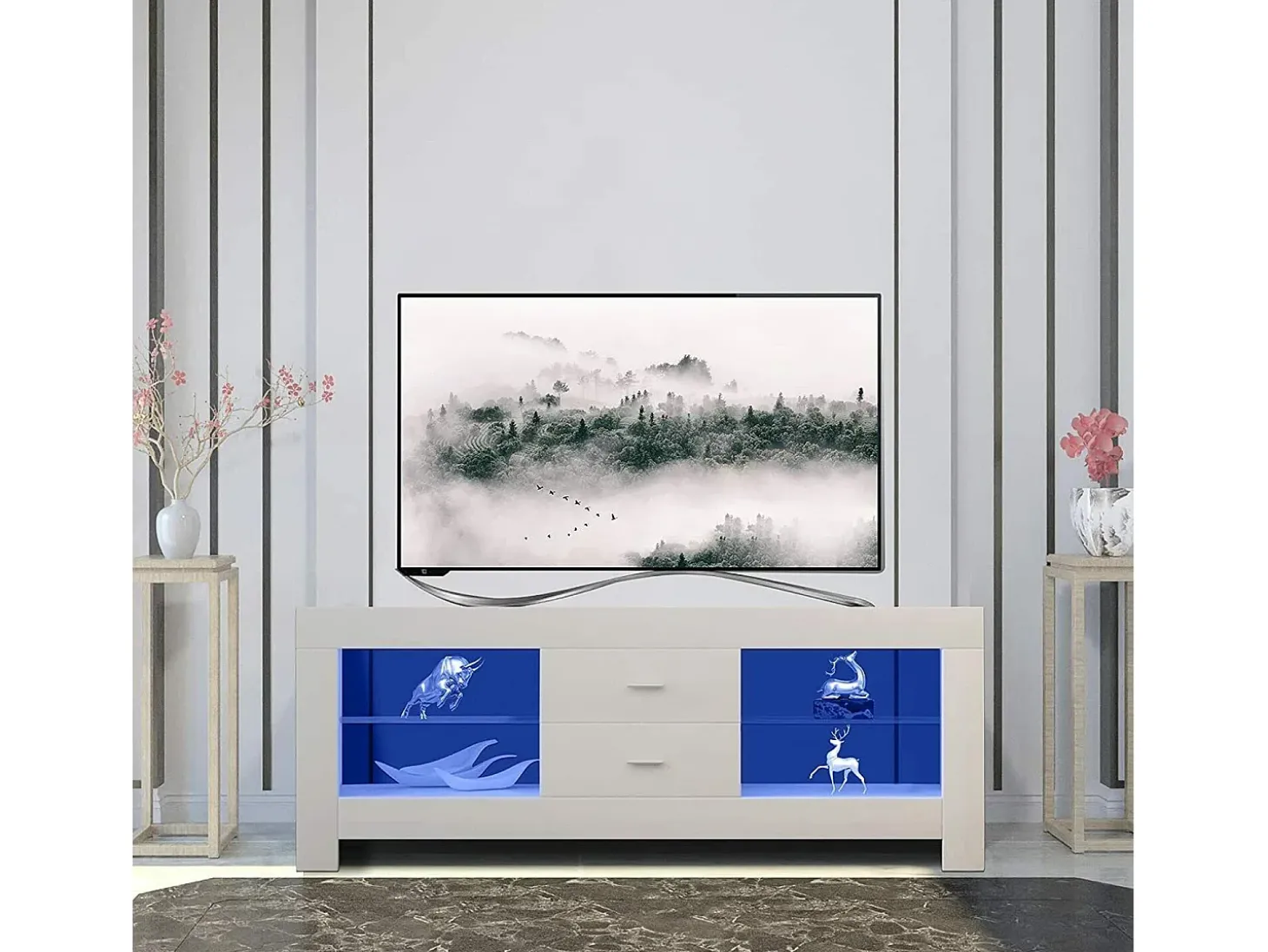 Armário de TV branco brilhante com LED brilhante, bancada de TV moderna, prateleira de vidro, 2 gavetas, móveis de sala de estar, 130x35x50cm