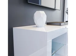 Armário de TV branco brilhante com LED brilhante, bancada de TV moderna, prateleira de vidro, 2 gavetas, móveis de sala de estar, 130x35x50cm