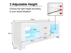 Armário de TV branco brilhante com LED brilhante, bancada de TV moderna, prateleira de vidro, 2 gavetas, móveis de sala de estar, 130x35x50cm