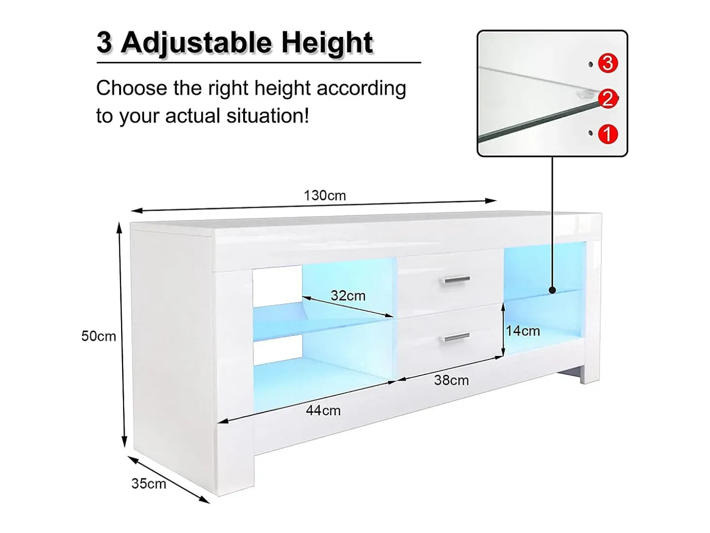 Armário de TV branco brilhante com LED brilhante, bancada de TV moderna, prateleira de vidro, 2 gavetas, móveis de sala de estar, 130x35x50cm