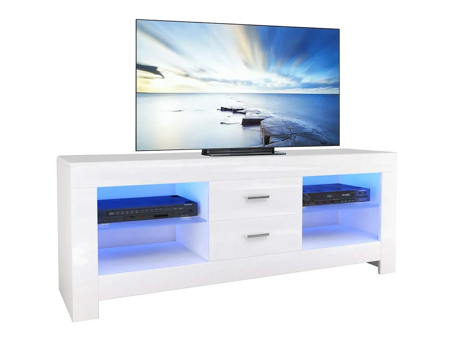 Armário de TV branco brilhante com LED brilhante, bancada de TV moderna, prateleira de vidro, 2 gavetas, móveis de sala de estar, 130x35x50cm