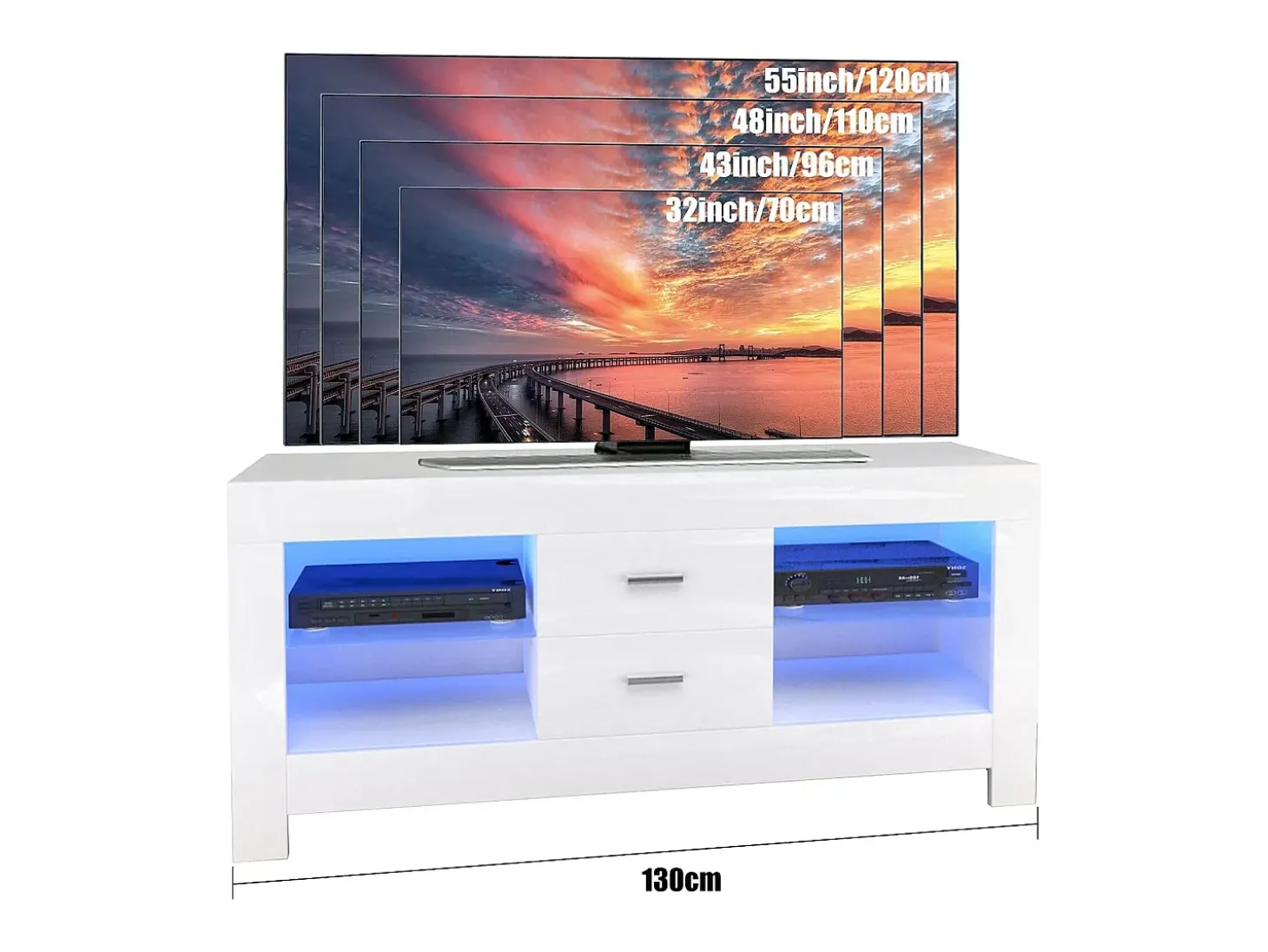 Armário de TV branco brilhante com LED brilhante, bancada de TV moderna, prateleira de vidro, 2 gavetas, móveis de sala de estar, 130x35x50cm