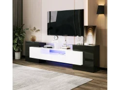 Armário de TV 200cm, Branco Brilhante e Preto, iluminação LED, superfície de vidro
