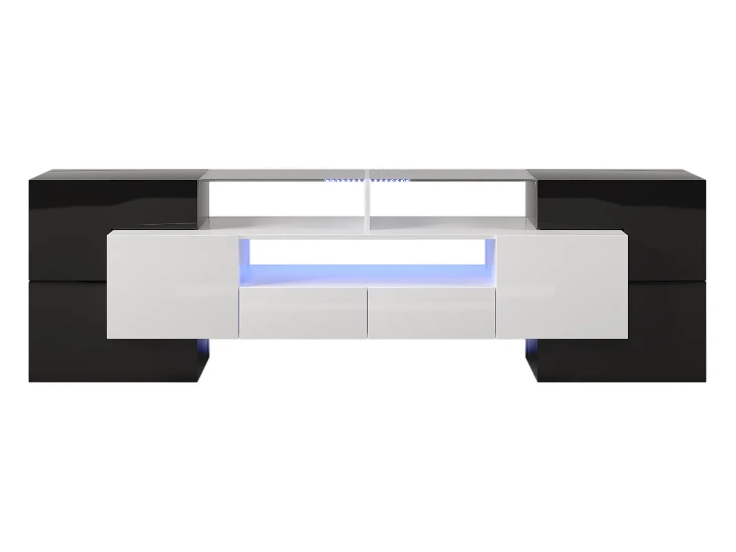 Armário de TV 200cm, Branco Brilhante e Preto, iluminação LED, superfície de vidro