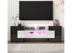 Armário de TV 145cm, branco brilhante, iluminação LED, superfície de vidro elegante