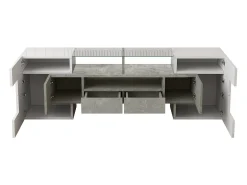 Armário de TV 145cm, branco brilhante, iluminação LED, superfície de vidro elegante