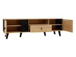 Armário de TV 170cm, Design Madeira & Preto, com gavetas, espaço de armazenamento versátil