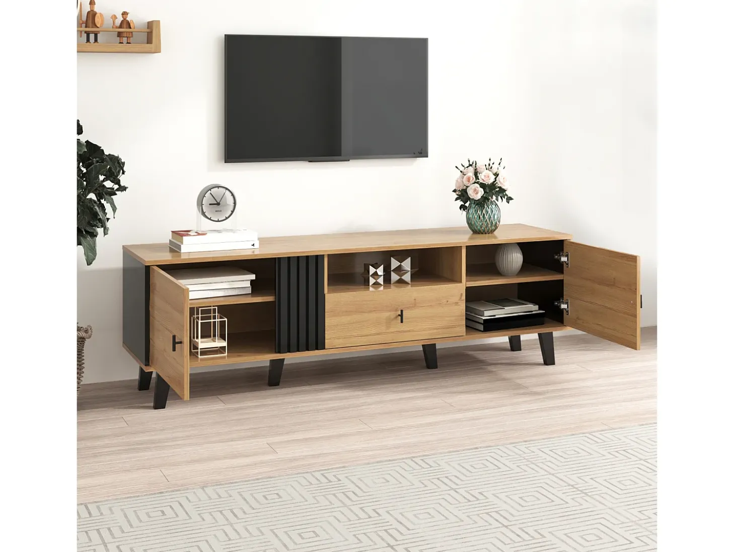Armário de TV 170cm, Design Madeira & Preto, com gavetas, espaço de armazenamento versátil