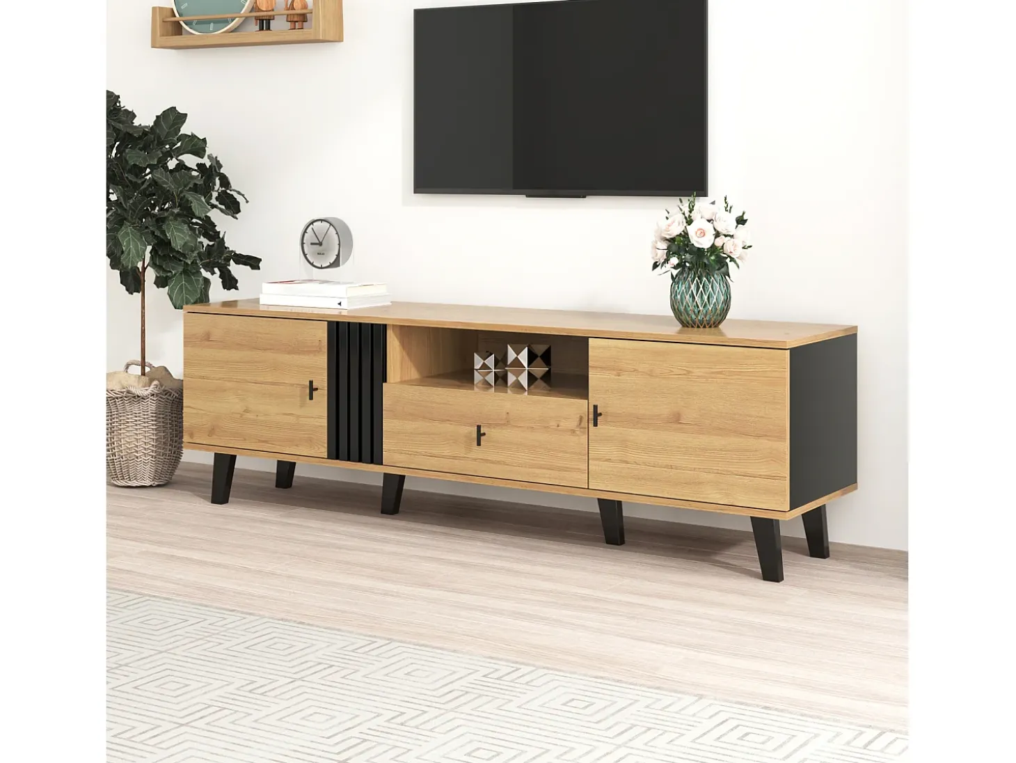 Armário de TV 170cm, Design Madeira & Preto, com gavetas, espaço de armazenamento versátil
