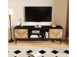 Armário de TV 150cm, Design Preto-Madeira, amplo espaço de armazenamento, moderno e minimalista