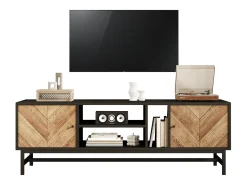 Armário de TV 150cm, Design Preto-Madeira, amplo espaço de armazenamento, moderno e minimalista