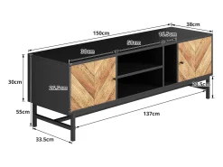 Armário de TV 150cm, Design Preto-Madeira, amplo espaço de armazenamento, moderno e minimalista