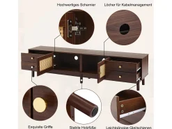Armário de TV 180cm, efeito de madeira escura, 2 portas de rattan, 4 gavetas, para até 80 polegadas