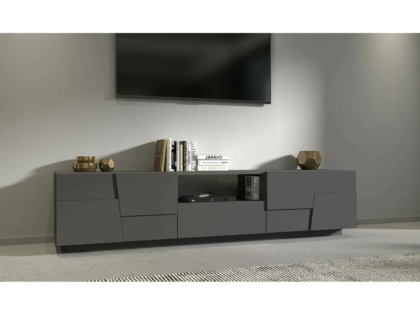 Armário de TV Dcortinovi, Aparador de sala baixa com 4 portas e 1 gaveta, Base de suporte de TV, 220x44h46 cm, Antracite