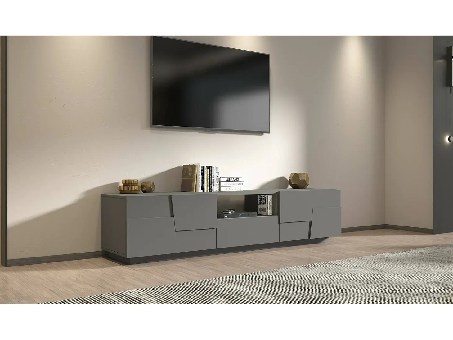 Armário de TV Dcortinovi, Aparador de sala baixa com 4 portas e 1 gaveta, Base de suporte de TV, 220x44h46 cm, Antracite