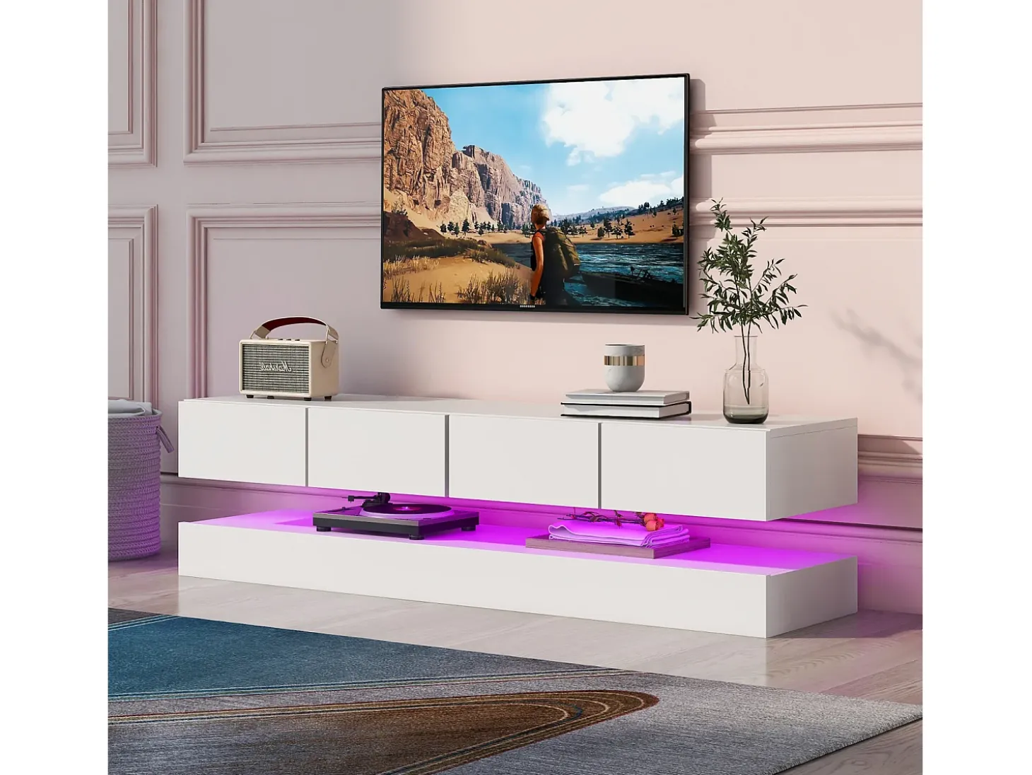 Armário de TV de parede 130x33x15cm, 2 armários e 4 gavetas, LED de 16 cores, para até 55 polegadas