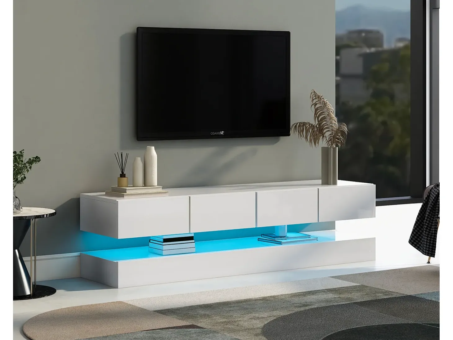 Armário de TV de parede 130x33x15cm, 2 armários e 4 gavetas, LED de 16 cores, para até 55 polegadas