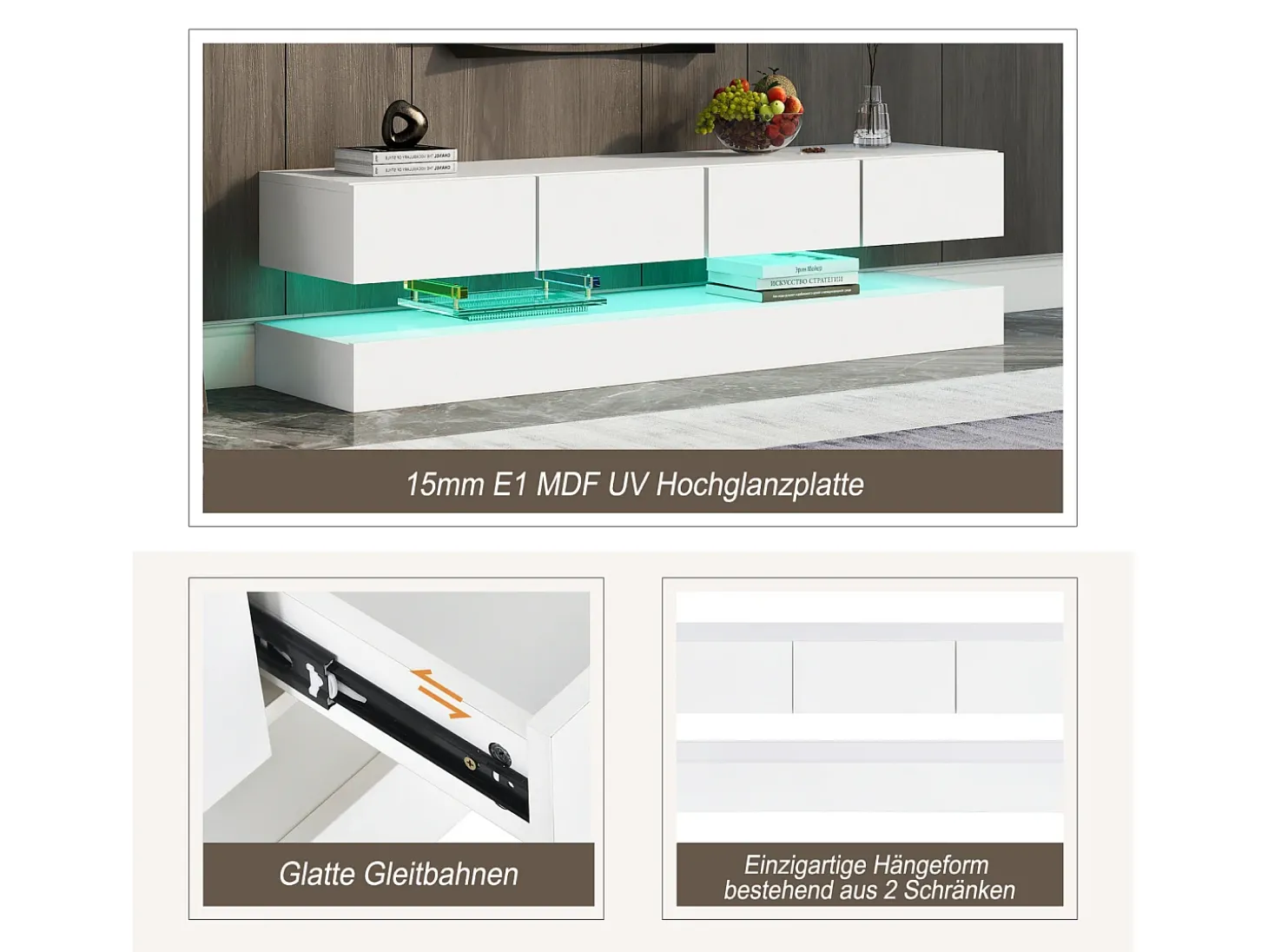 Armário de TV de parede 130x33x15cm, 2 armários e 4 gavetas, LED de 16 cores, para até 55 polegadas