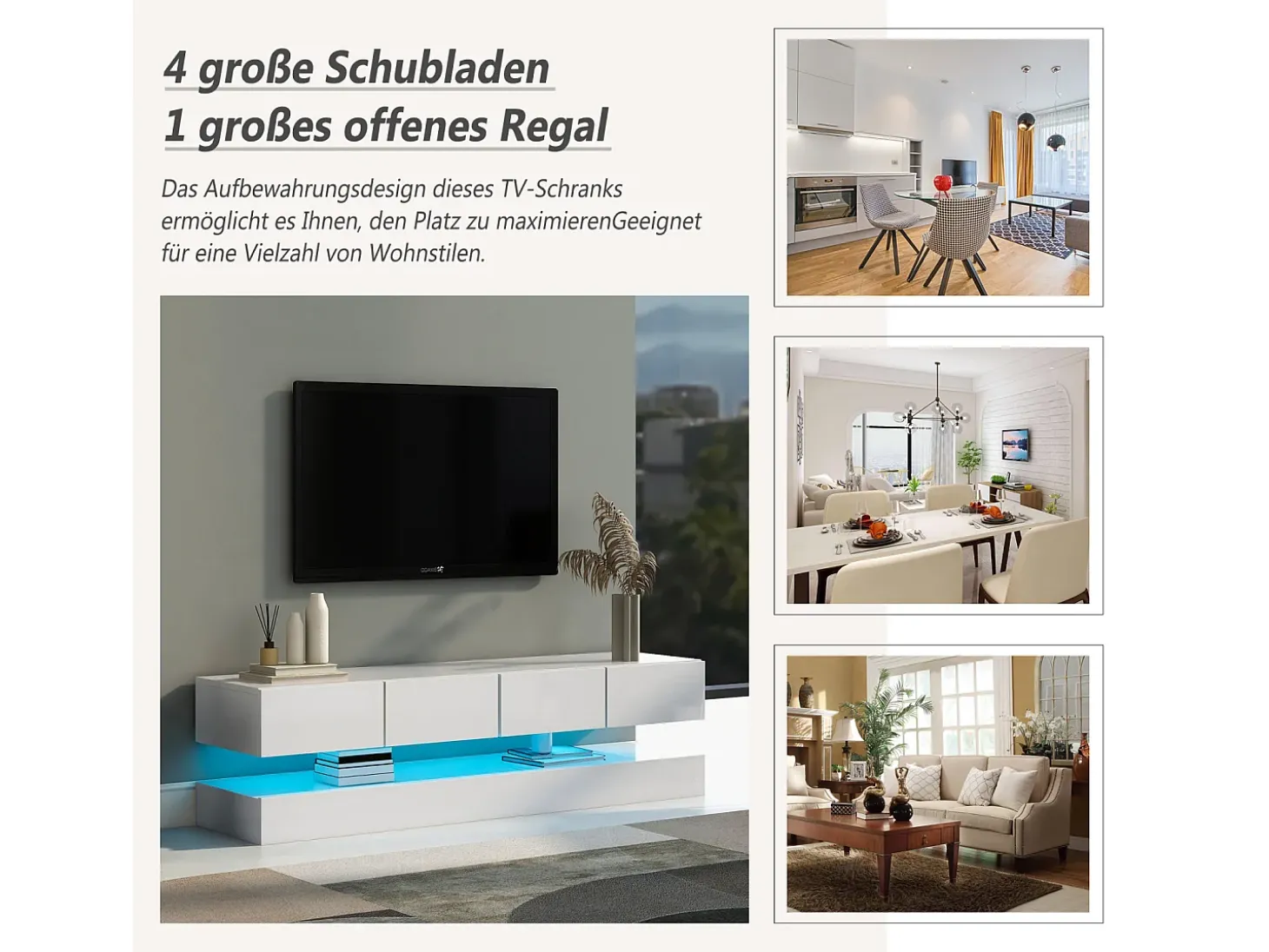 Armário de TV de parede 130x33x15cm, 2 armários e 4 gavetas, LED de 16 cores, para até 55 polegadas