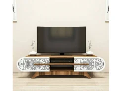 Armário de TV Desposit, Aparador de sala, Armário de TV baixo, Base de parede equipada, 145x37h37 cm, Nogueira e Branco