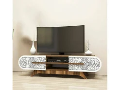 Armário de TV Desposit, Aparador de sala, Armário de TV baixo, Base de parede equipada, 145x37h37 cm, Nogueira e Branco