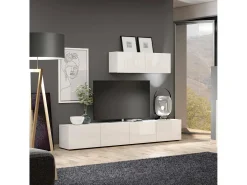 Armário de TV Dfalzeran, Aparador de sala, Armário de TV baixo, Base de parede equipada, Made in Italy, 225x38h39 cm, Branco brilhante