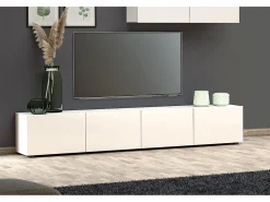 Armário de TV Dfalzeran, Aparador de sala, Armário de TV baixo, Base de parede equipada, Made in Italy, 225x38h39 cm, Branco brilhante